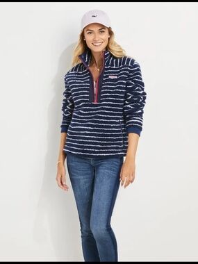 Vineyard Vines Navy and White Striped Sherpa Half-Zip Pullover